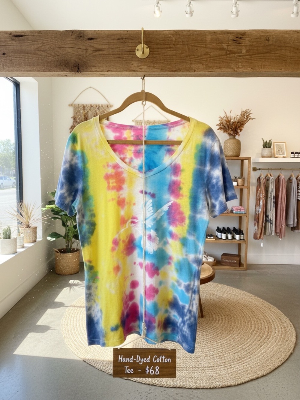 Handmade Upcycled Tie-Dye T-Shirt V-Neck Handprinted Hummingbird Rainbow XL OOAK
